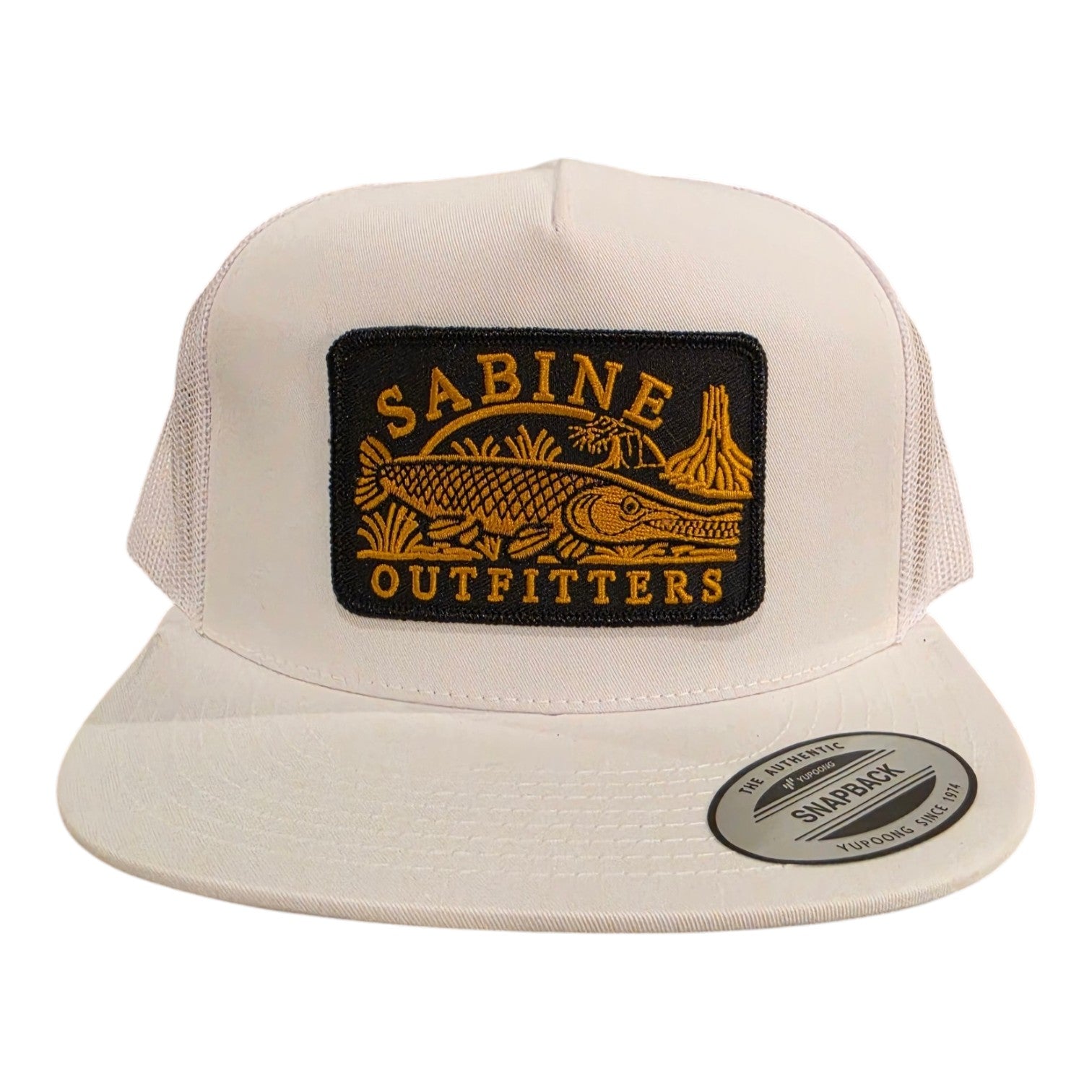 Sabine Outfitters Gar Patch Trucker Hat | White & Black Gar Snapback