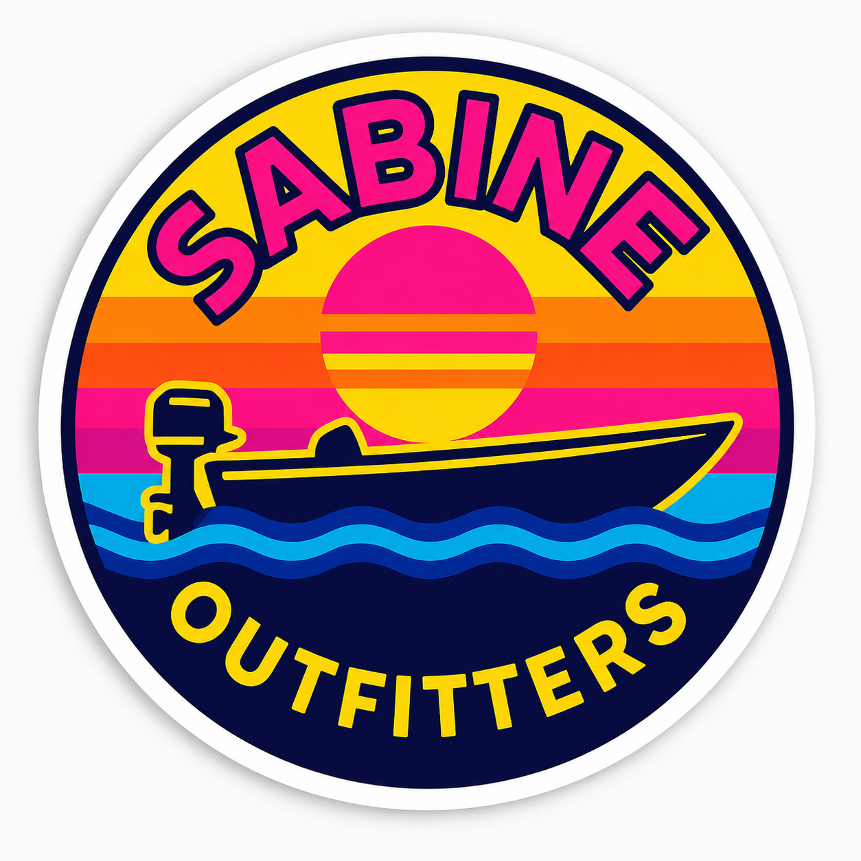 Sabine Outfitters Retro Boat Sunset Sticker – 2.5" x 2.5" Waterproof Vinyl Decal