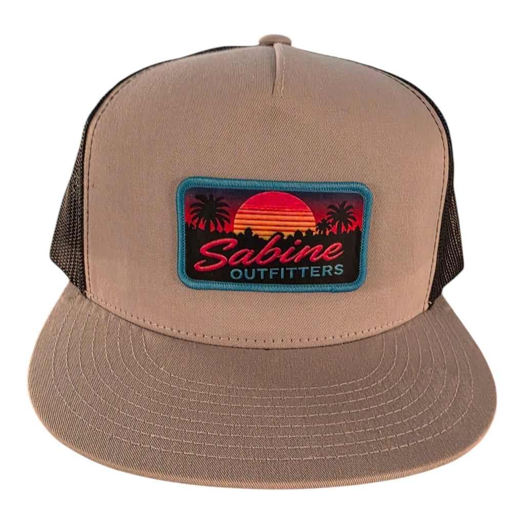Sabine Outfitters Sunset Logo Flat Bill Trucker Hat – Silver/Black