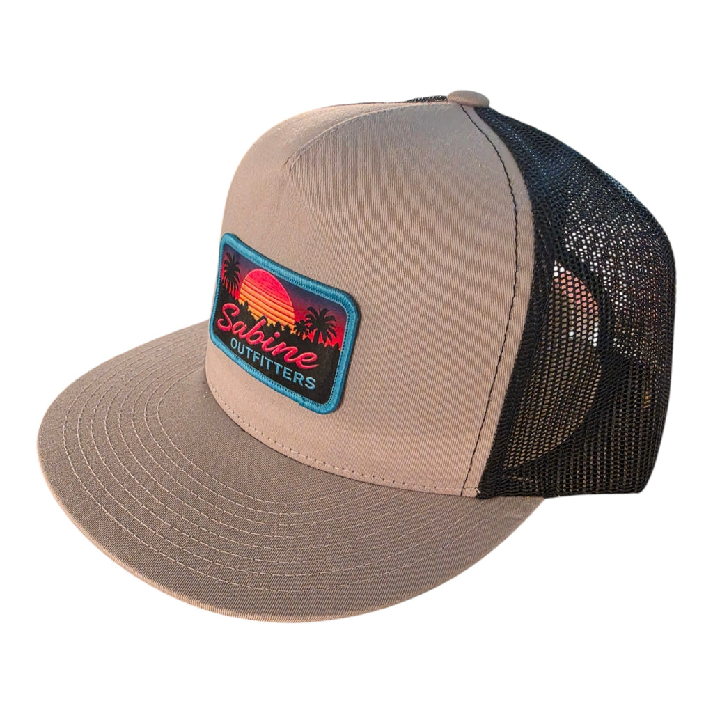 Sabine Outfitters Sunset Logo Flat Bill Trucker Hat – Silver/Black