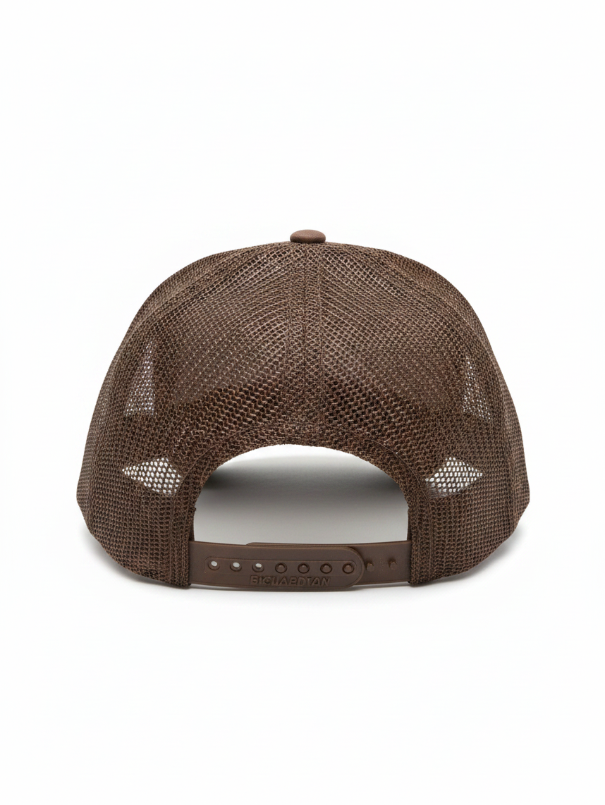Rear view of a Sabine Outfitters brown mesh back trucker hat with an adjustable snapback closure.